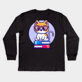 Cute Cat Sitting On Book Stack Cartoon Kids Long Sleeve T-Shirt